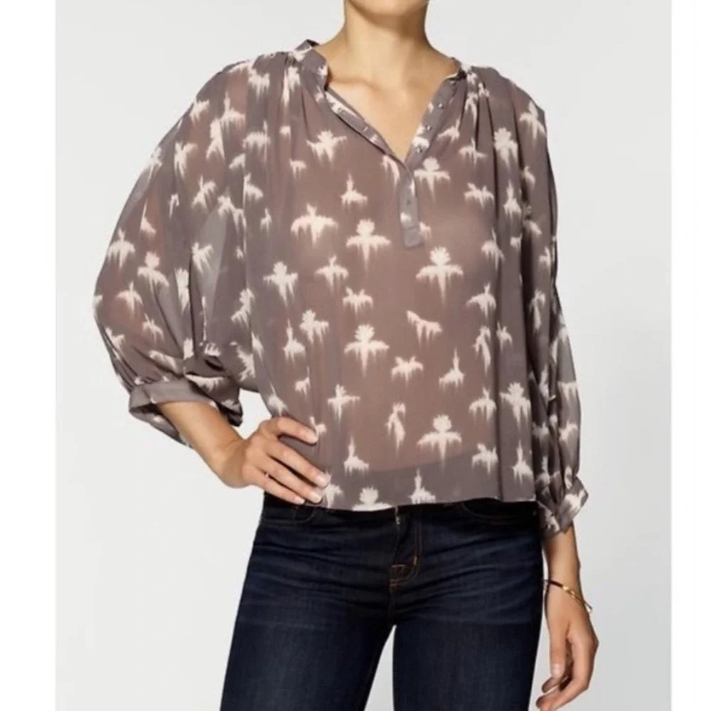Rebecca Taylor Free Bird Sheer Taupe 3/4 Sleeve Blouse Size 0
